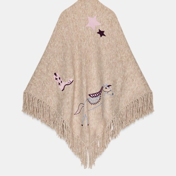 ZARA EMBROIDERED FRINGED CAPE SHAWL - Picture 6 of 7